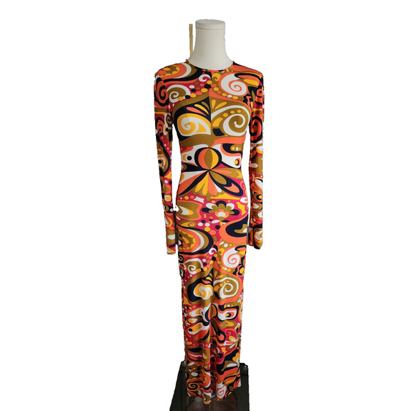 Zara Mod Printed Maxi Dress BodyCon Side Slits Stretch Retro 60s 70s Fitted XS - Picture 6 of 9